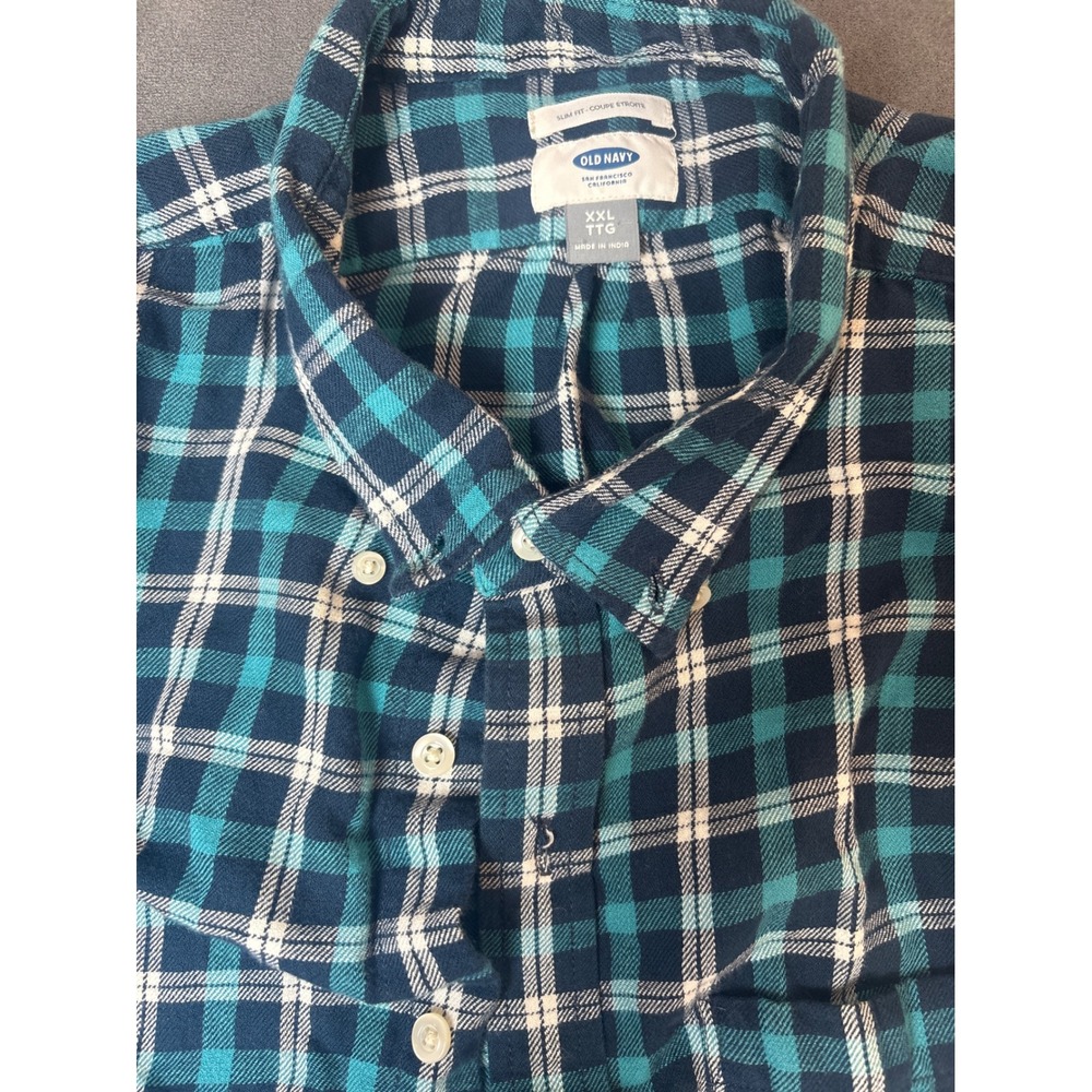 Old Navy Mens XXL Slim Fit Plaid Flannel Button Down Shirt Teal Navy Blue